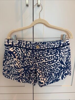 Lilly Pulitzer Navy and White Printed Cotton Shorts with Fringe Waist Trim